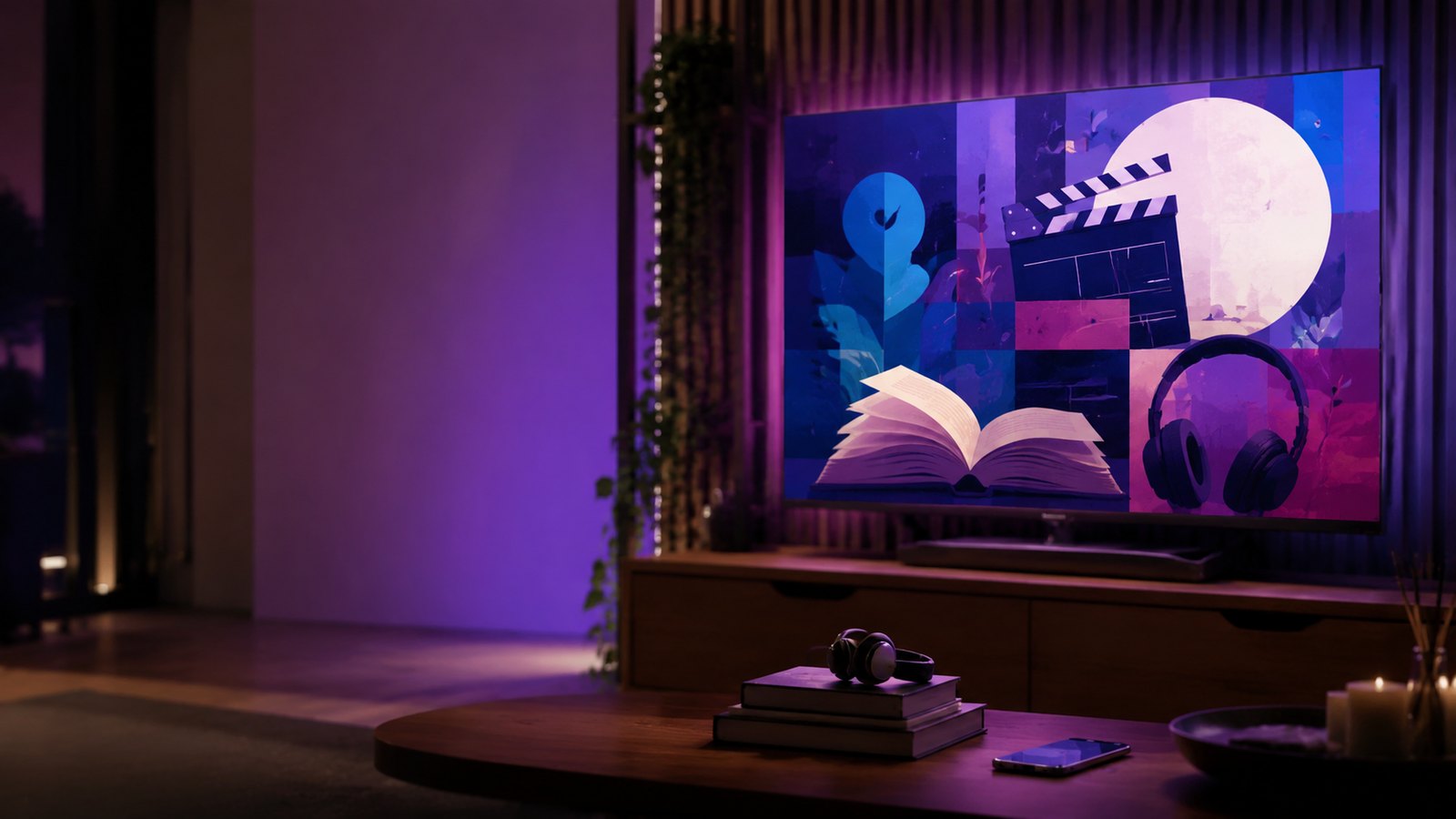 Sala contemporânea com televisão, livros, fones e celular, representando diferentes formas de acessar cultura brasileira.